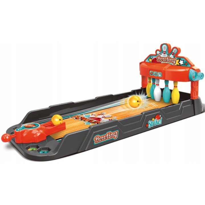 Ügyességi játék, Bowlingpálya, 63 cm, 3 golyó, 5 popper, Többszínű, A készlet tartalma: 3 golyó, 5 popper, pálya mechanikával, dekoratív matricák, Anyag: műanyag, 3 év feletti gyermekek számára, A játék nem igényel áramot, Rugós mechanizmus