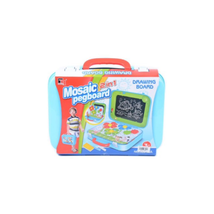 Set de joaca pentru copii – valiza cu mozaic pentru creativitate si tabla pentru scris si desen, culoare albastra