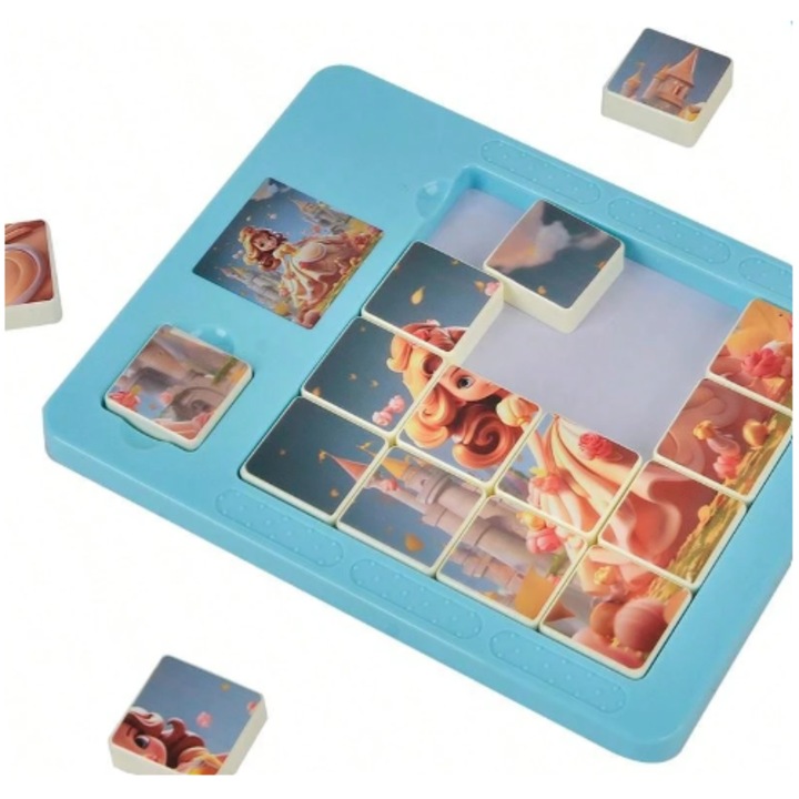 Jucarie magnetica – puzzle logic Klotski pentru copii, Printesa Sofia, culoare turcoaz, 19x15 cm