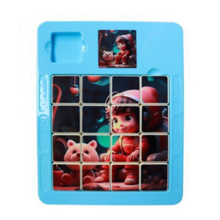 Jucarie magnetica – puzzle logic Klotski pentru copii, personaj animat cu animalut, culoare bleu, 17x14 cm