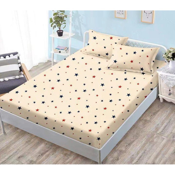 Husa de Pat cu Elastic din Finet, pentru Pat Dublu, 3 Piese, 2 Fete de Perna, Model cu Stele