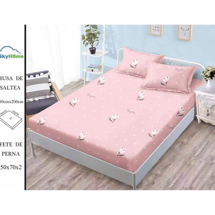 Set Lenjerie de Pat 3 Piese din Finet Premium, Cearceaf de Pat cu Elastic 180x200cm, cu 2 Fete de Perna, pentru Pat Dublu, Culoare Roz