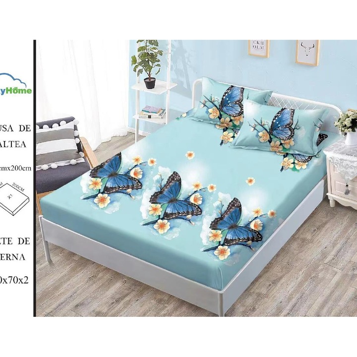 Set Lenjerie de Pat 3 Piese din Finet Premium, Cearceaf de Pat cu Elastic 180x200cm, cu 2 Fete de Perna, pentru Pat Dublu, Culoare Albastru Deschis