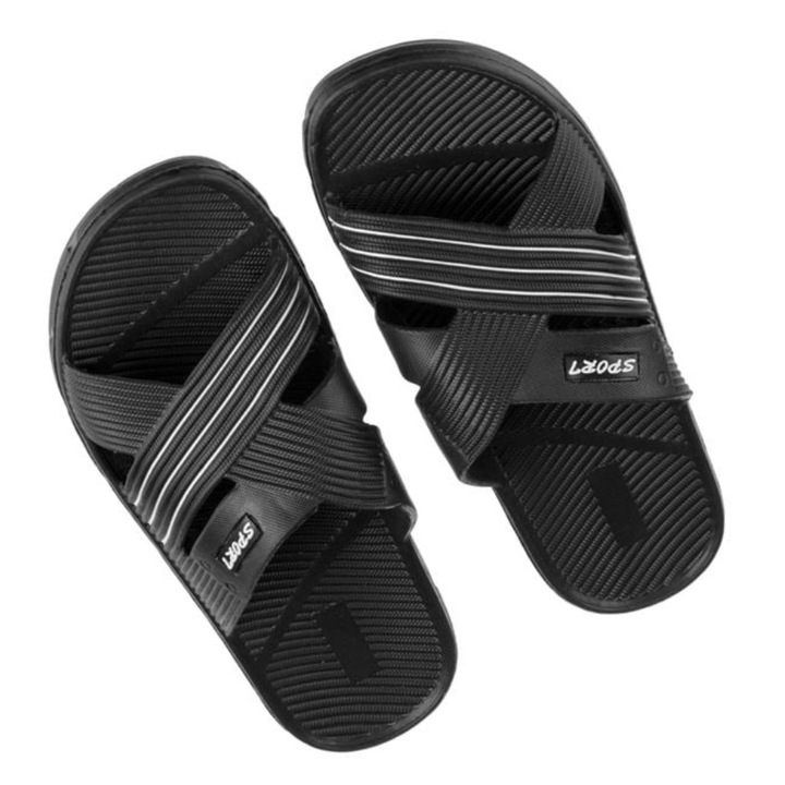 Papuci pentru barbati, barete in x, cu dungi albe, negru, 46