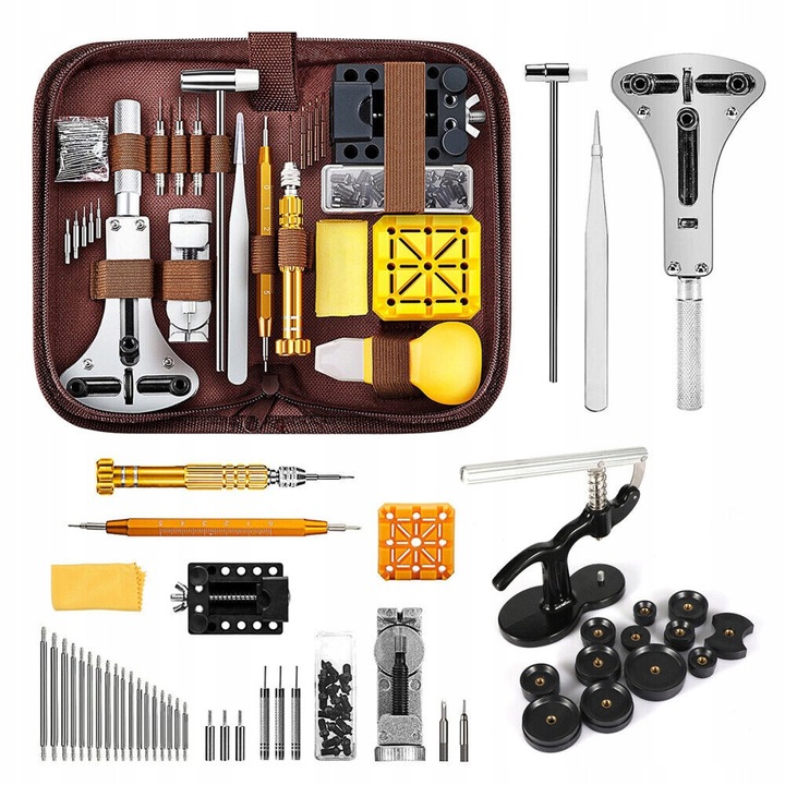 Комплект инструменти за ремонт на часовници, 169 части, Комплект за смяна на батерии, Регулатор на каишката, Инструмент за премахване на звено, Включва отварачка за корпус, Инструменти за часовникар