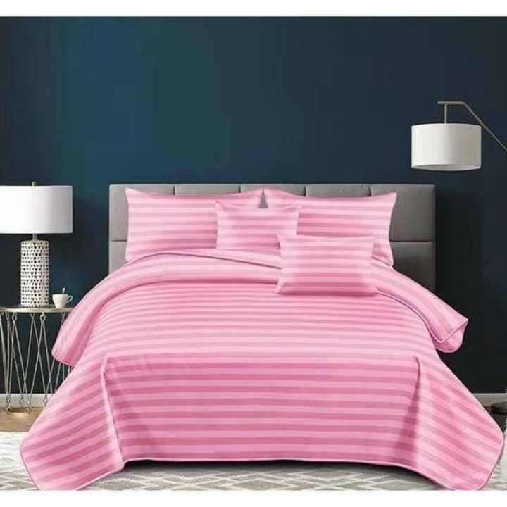 Set Lenjerie de Pat din Damasc, 6 Piese, cu elastic, pentru pat de 2 persoane, UNI, 180 x 200 cm, Roz