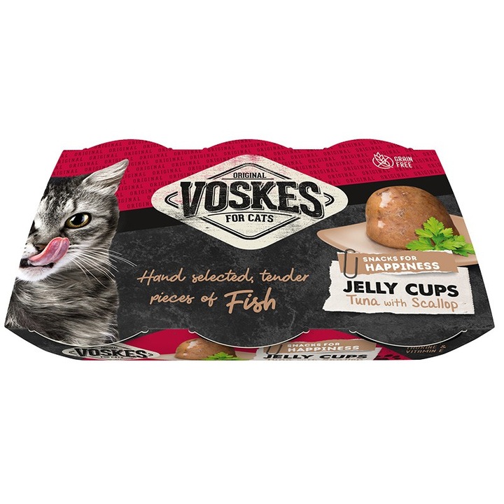 Voskes Jelly Cups Tonhal és Fésűs kagyló - zselé tonhallal és fésűs kagylóval, csemege macskáknak 6x25g