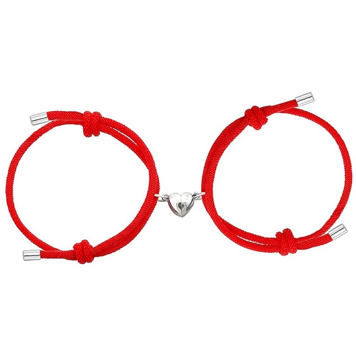 Páros karkötő szett, szív mágneses, zsinóros, állítható, kézzel készített, Piros, 2 db