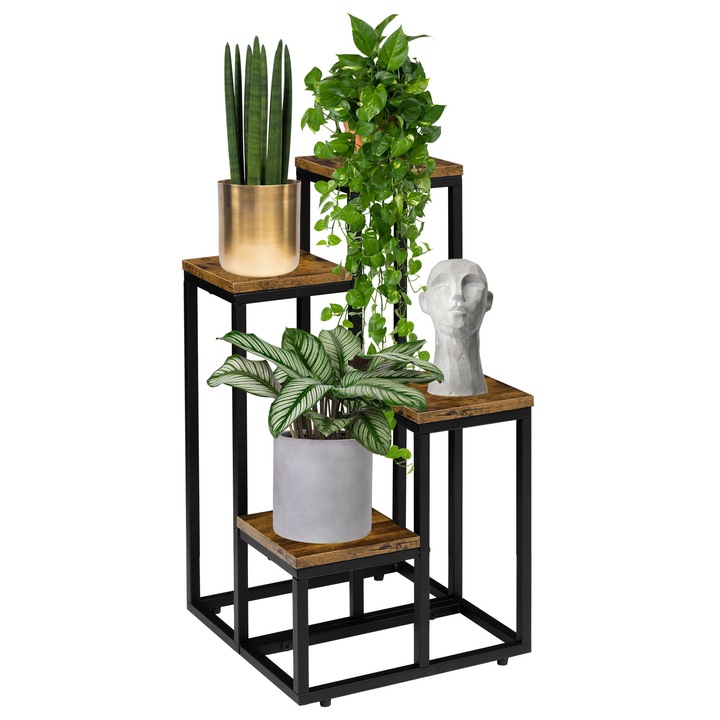 Kwietnik metalic Mogren, 4 polite, negru/postarzan stejar, 68x34x34cm