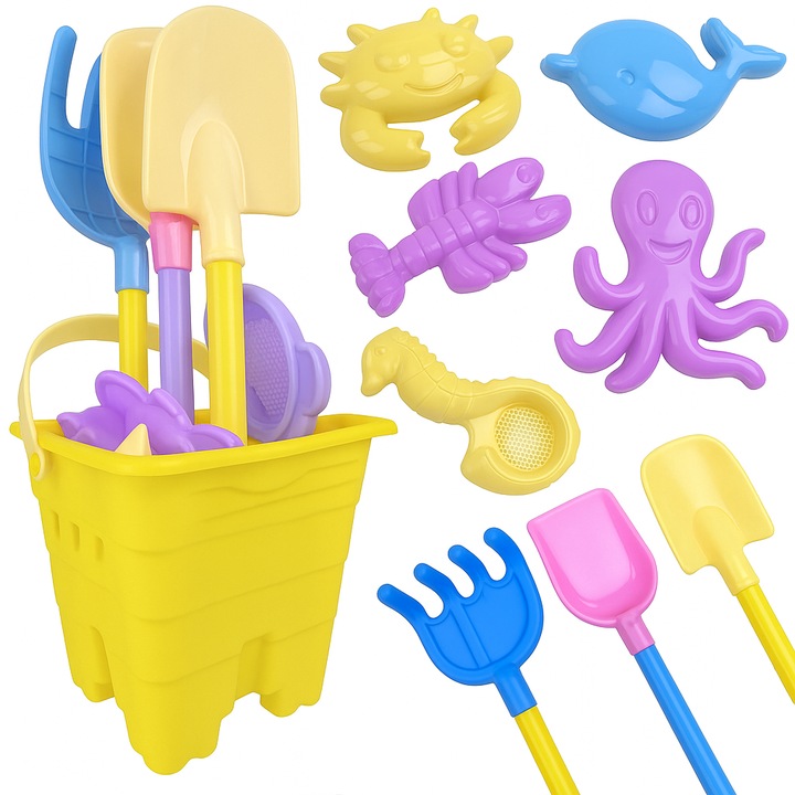 Set 9 jucarii de nisip, Zola, galetusa galbena, 5 forme, lopatica, grebla, spatula, multicolore