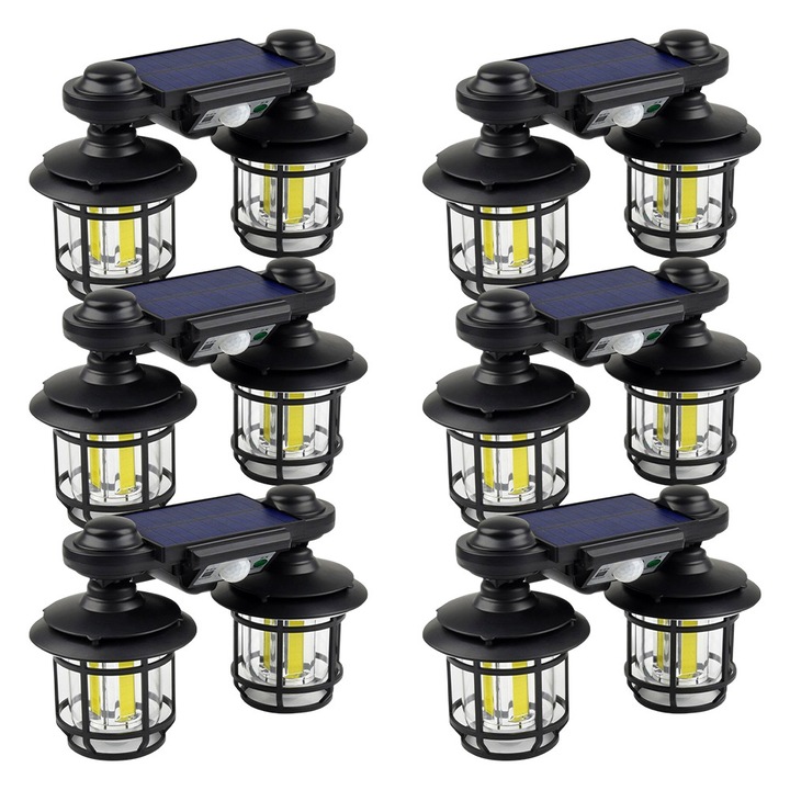 Set 6 x Felinare Solare Duble, OPTIM SOLUTION, cu Senzor de Miscare si Telecomanda, Energie Solara, 192 LED-uri Puternice, Iluminare pentru Curte, Gradina, Capete Reglabile, Autonomie Extinsa, Control Distanta, Performanta Eficienta Energetic, IP65, Negru