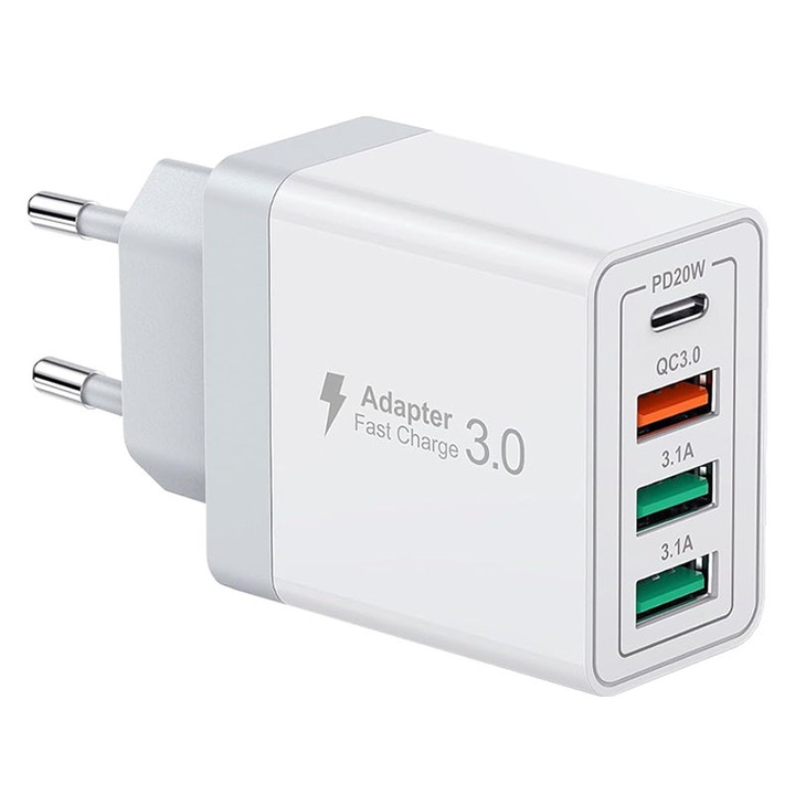 Incarcator Retea 40W, 4 Porturi, Adaptor Priza Quick Charge, Type-C 20W Fast Charger, QC 3.0, 2 x USB-A 3.1A, Compatibil Universal, Apple, Samsung, Huawei, Xiaomi, Protectie Supracurent