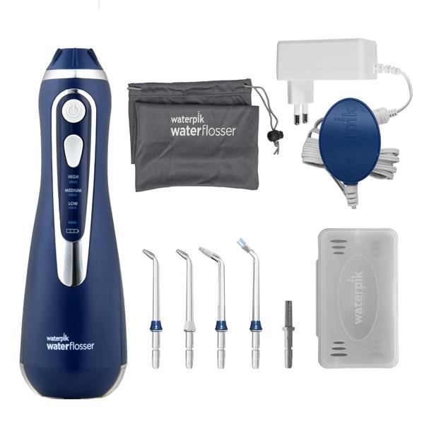 Irigator bucal Waterpik Profesional WP-563, portabil, 4 capete curatare, 3 trepte presiune, incarcare magnetica, Albastru