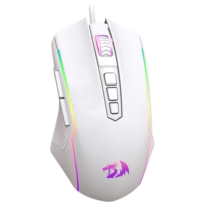 Геймърска мишка Redragon, RGB геймърска мишка с регулируема 8000 DPI, мишка с 9 програмируеми бутона и бутон за задействане, RGB геймърска мишка с ергономичен дизайн за MMO/FPS/PC/Windows/Mac, бяла