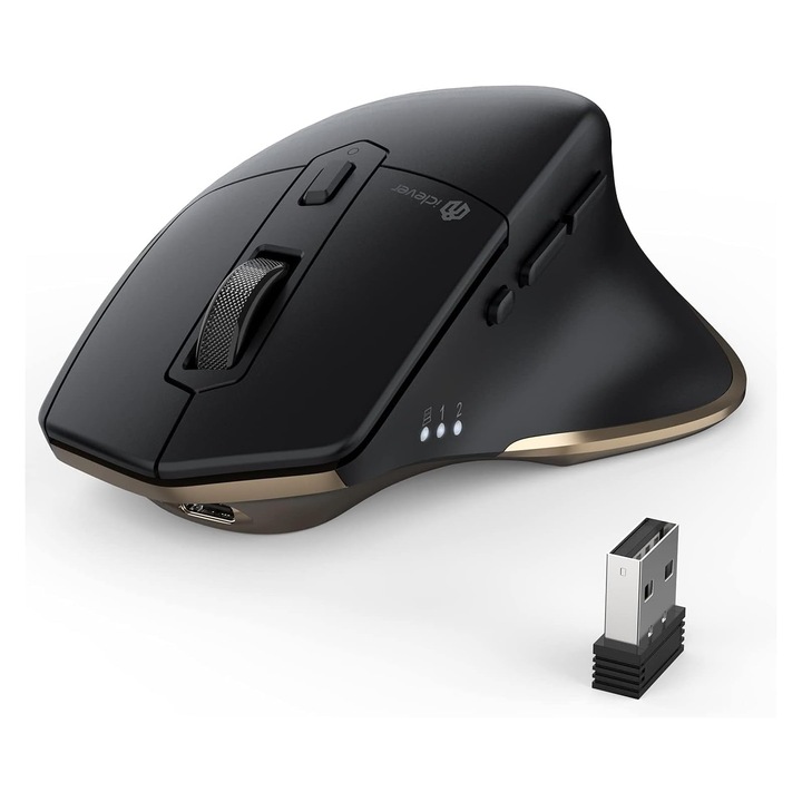 Iclever Bluetooth мишка, акумулаторна ергономична мишка, безжична мишка, акумулаторна батерия, за множество устройства, 800/1200 / 1600/2000 / 2400 Dpi, 7 бутона за компютър/лаптоп/таблет/Macbook, черна