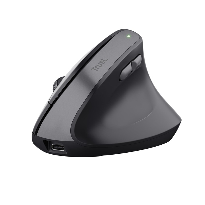Mouse Vertical Reincarcabil Trust Yuno, Mouse Ergonomic Wireless 2.4Ghz, Prevenirea Sindromului Rsi (Cotul Tenismenului), 800-2400 Dpi, 70% Plastic Reciclat, Pc, Laptop, Mac - Negru