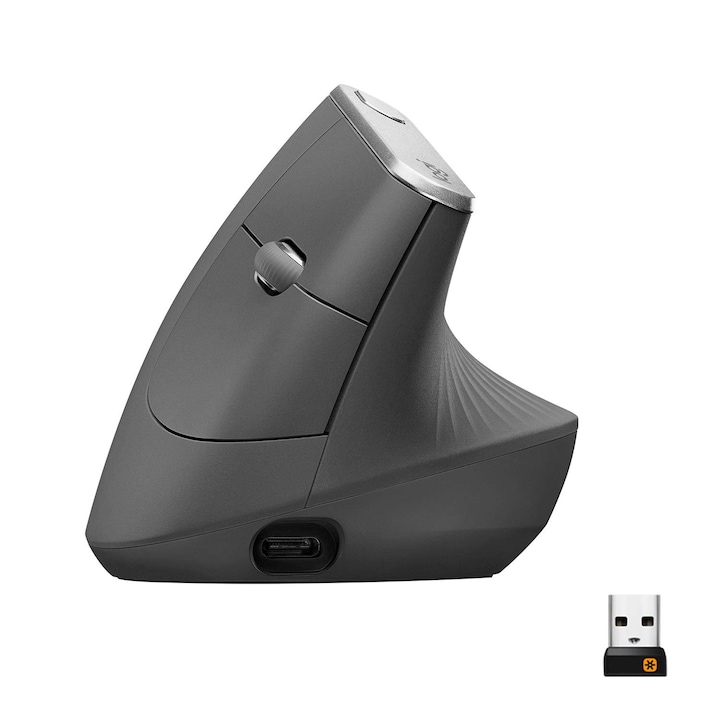 Logitech MX Vertical, Ергономична безжична мишка, Bluetooth и 2.4 Ghz връзка през USB, Unifying Receiver, 4000 Dpi сензор, акумулаторна батерия, 4 бутона, за множество устройства, PC/Mac/iPad - Графит
