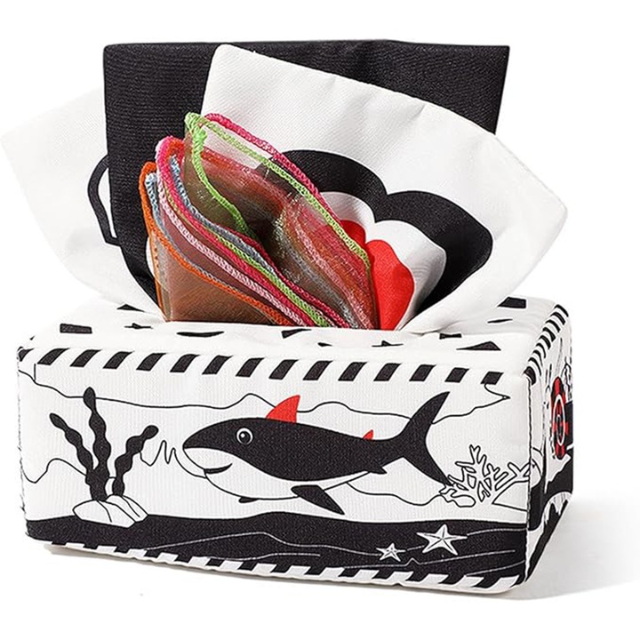 Szalvétás játékdoboz babáknak, AYSTOAYS®, textil anyag, BPA-mentes, szórakoztató csörgő papírral, 6-24 hónapos babáknak, 18 x 10 x 8 cm, többszínű