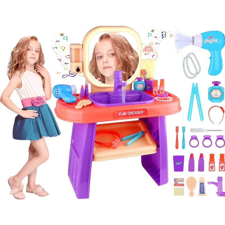 Masuta de Machiaj pentru Fetite MiniMiss® Oglinda Lumini LED cu Touch si Muzica, Uscator de Par cu Flux de Aer si Sunete, Robinet cu Senzor Real, Dozator Sapun Functional, Accesorii Complete Make-Up si Coafura, Light Purple