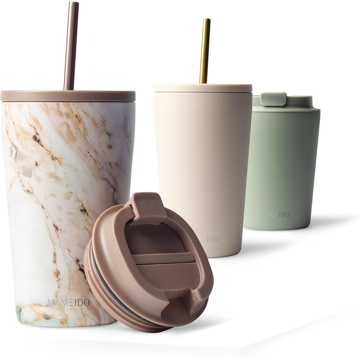 Cana cafea de calatorie, termos, etansa fara BPA, pentru bauturi calde si reci 470 ml, marmura perlata