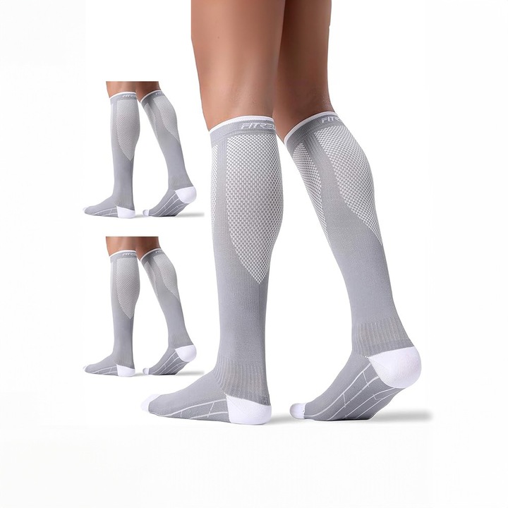 Set 3 perechi Ciorapi Compresivi Medicali MONDESA®, 20–30 mmHg, Sustin circulatia, Reduc oboseala picioarelor, Previn varicele si edemele, Sosete Compresive Ideale in sarcina si calatorii, Marimea L/XL, Unisex, Gri/Alb