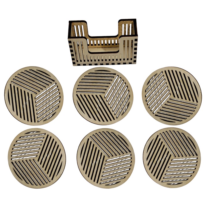 Комплект от 6 кръгли подложки/държачи, шарка на райета, 4 мм лазерно изрязан тополов шперплат