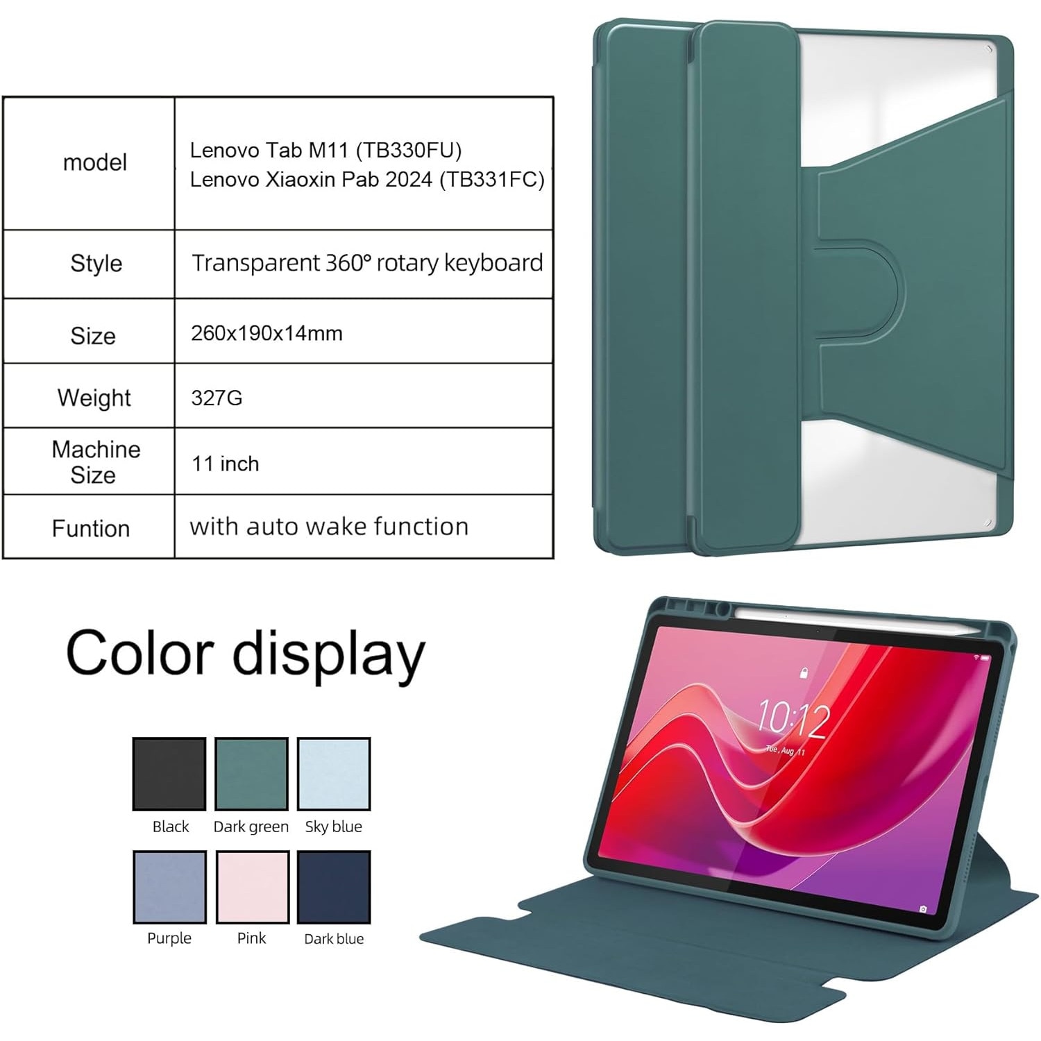 Pentru Lenovo Xiaoxin Pad 2024, 11-inch TB-331FC, Tab M11 11-inch 2023 TB-330FU, Premium PU Leather Folding Stand, piele transparenta, 360 de grade pivotant, inteligent Auto Sleep Wake cu Pen Holder caz de protectie, Albastru cer