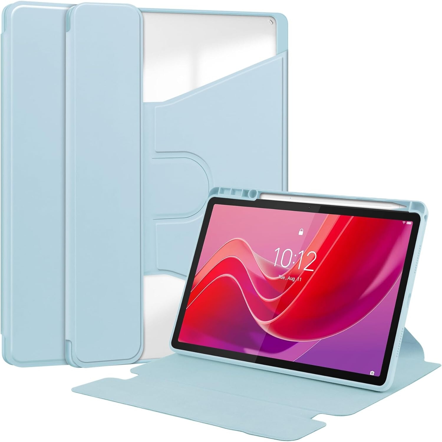 Pentru Lenovo Xiaoxin Pad 2024, 11-inch TB-331FC, Tab M11 11-inch 2023 TB-330FU, Premium PU Leather Folding Stand, piele transparenta, 360 de grade pivotant, inteligent Auto Sleep Wake cu Pen Holder caz de protectie, Albastru cer