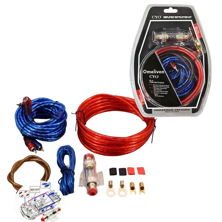 Kit cabluri amplificator auto 10GA 4.5m BL-8, kit cabluri subwoofer pentru conectare sistem audio, cabluri subwoofer cu RCA si accesorii