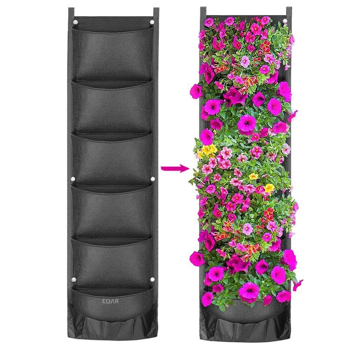 Organizator Plante Sau Obiecte EDAR, Multifunctional, Ghiveci Decorativ Cu Montare Pe Perete, Din Material Textil, Asigura Aerisirea Si Drenajul, 6 Compartimente/Buzunare, Negru, 100 x 30 Cm