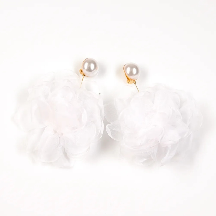 Cercei clips cu perla si floare mare alba, Meli Melo Paris