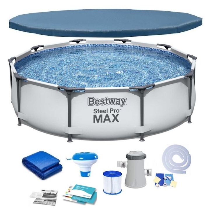 Bestway Steel ProMAX fémvázas medence, Á366xM76, szűrőpumpa, szűrő, tetőponyva, tartóponyva, klóradagoló, javítókészlet