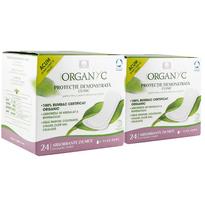 Set 2 X Absorbante zilnice subtiri Organyc din bumbac organic, ambalate individual, 24 buc