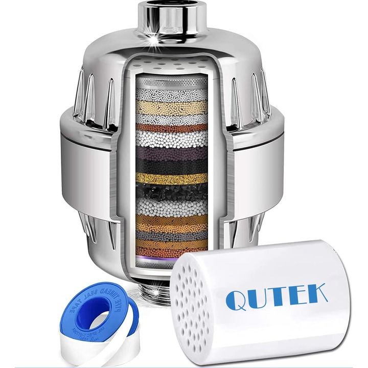 Филтър за вода за душ QUTEK® с 20 степени на филтрация, вливане на минерали и витамин C, премахва хлор, тежки метали, замърсявания и неприятни миризми, пречиствател на вода за баня, лесен за монтаж, монтажни аксесоари, 5500 литра