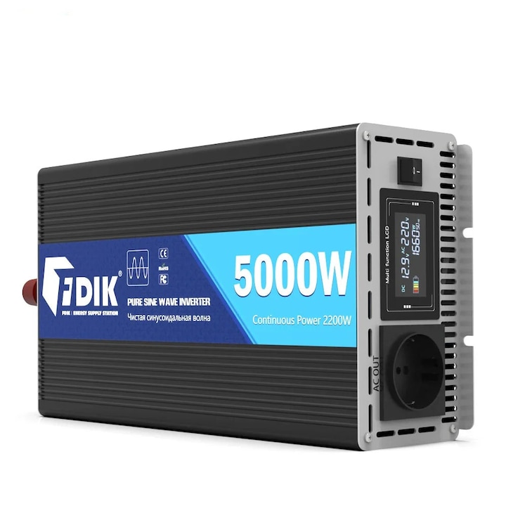 Инвертор, 5000W, 12V, 220-240V, Европа, цветен дисплей, черен