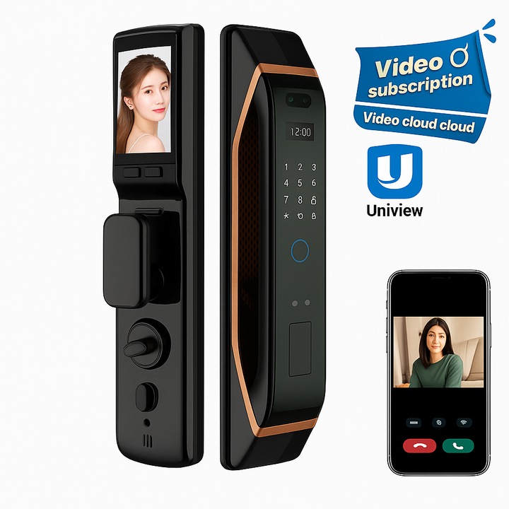 Incuietoare inteligenta cu camera video HD, recunoastere faciala, amprenta, cod PIN, card IC, aplicatia Tuya si chei mecanice, culoare negru-argintiu, 420×75mm, 68mm pentru usi blindate si metalice