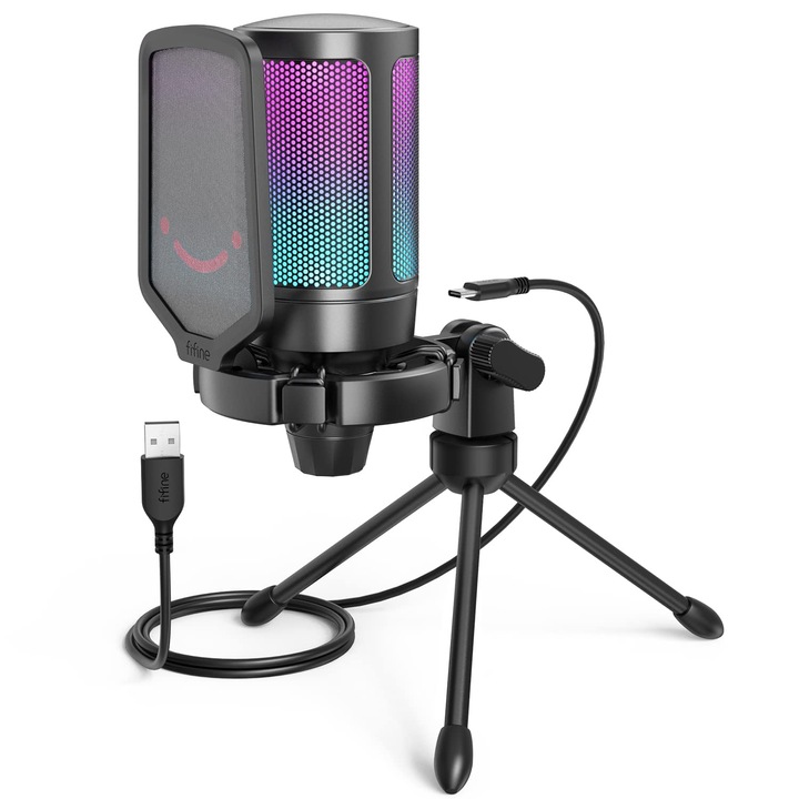Fifine USB játékmikrofon, állvánnyal, vezeték nélküli, fekete