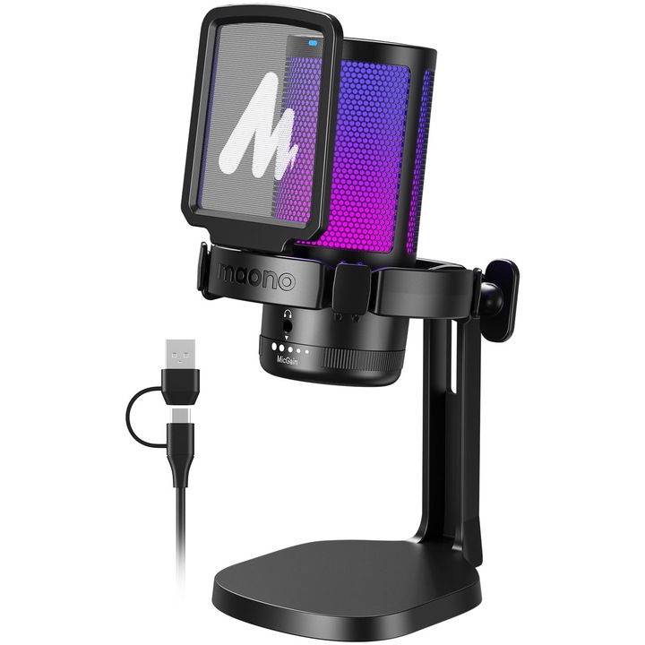 Геймърски микрофон Maono DGM20, кондензаторен, шумопотискане, RGB, безжичен