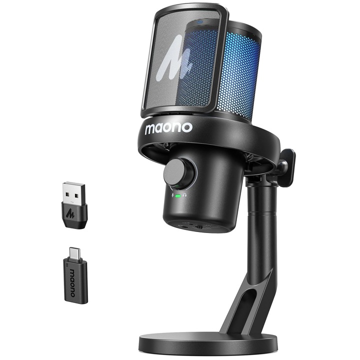 Безжичен микрофон MAONO DM40, черен, с регулируеми RGB светлини, софтуер за промяна на гласа