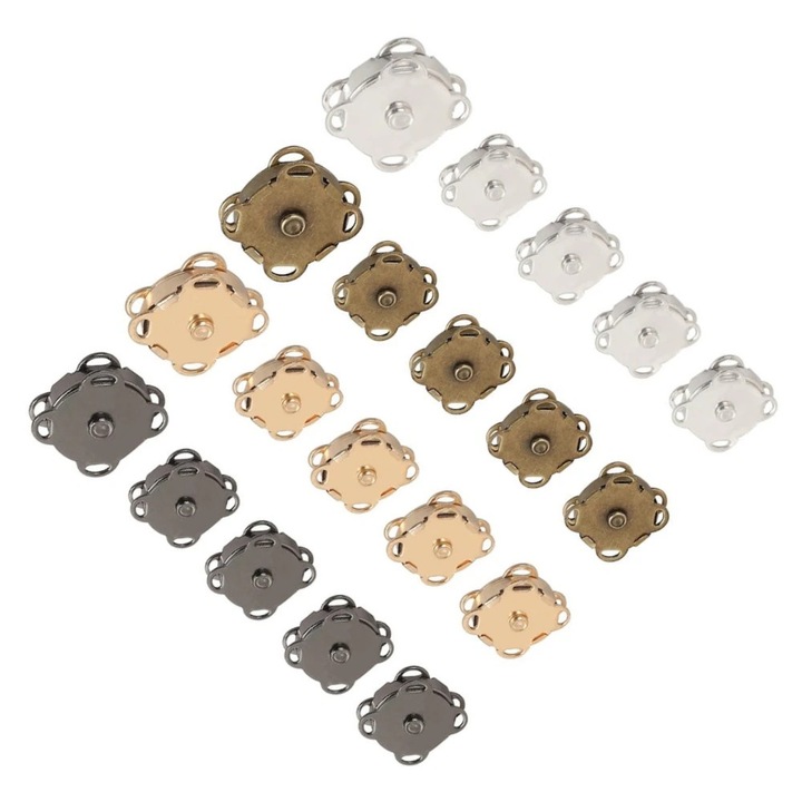 20 darabos fémgomb szett mágneses zárral, 14 mm, ezüst/arany/fekete/bronz, varrókellékekkel