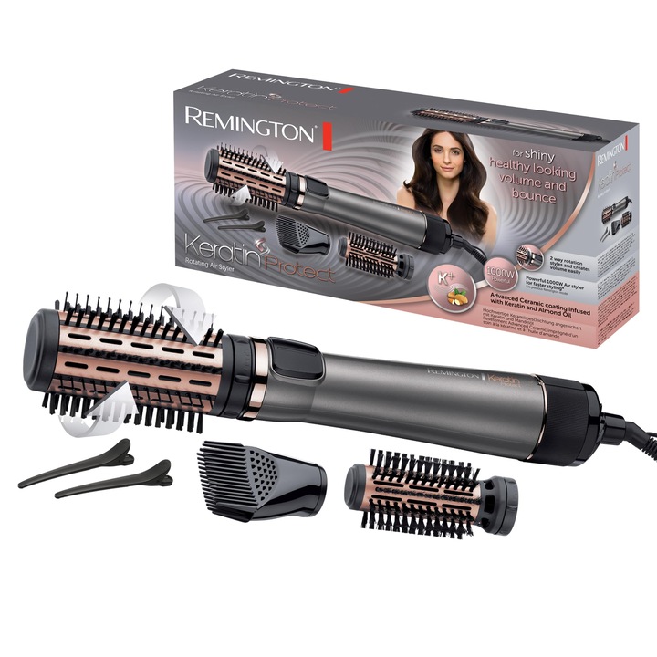Perie rotativa cu aer cald Remington, invelis ceramic cu ulei de migdale, 3 accesorii, Gri