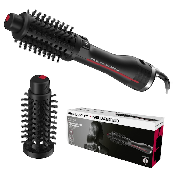 Perie rotativa cu aer cald Rowenta x Karl Lagerfeld, 2 trepte temperatura, 2 trepte viteza, negru/rosu