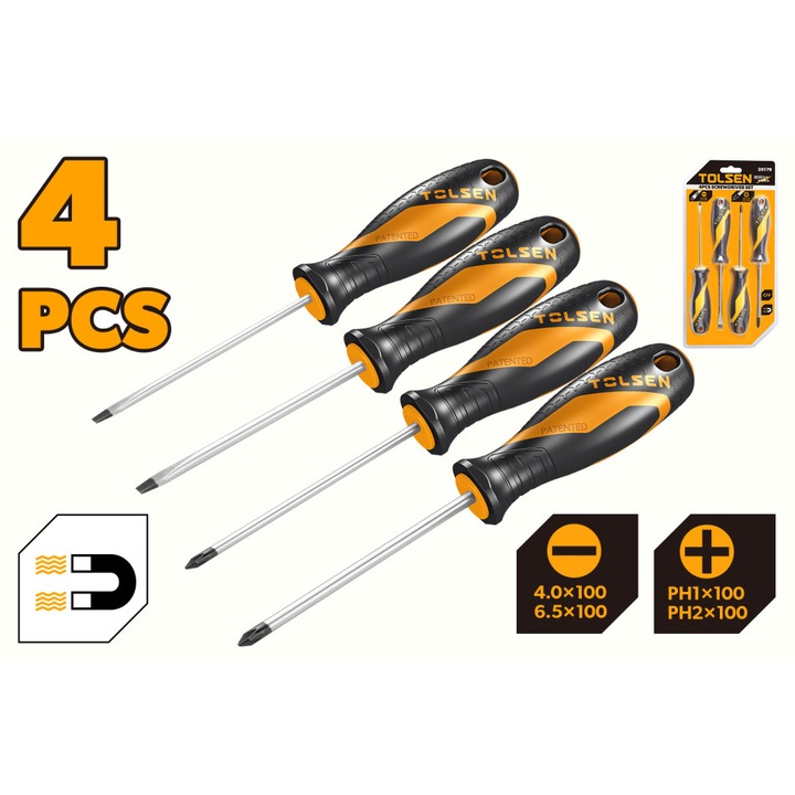 Set surubelnite TOLSEN GRIPro 4 buc, Cr-V, SL4x100, SL6.5x100, PH1x100, PH2x100, varf magnetic negru, maner ergonomic din 2 componente, priza confortabila si precizie sporita