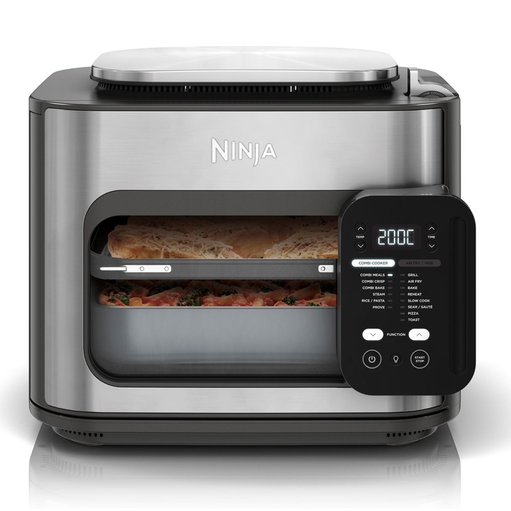 Ninja Combi 12-In-1 Multi Cooker, фурна и фритюрник с горещ въздух, 12 функции за готвене, фритюрник с горещ въздух и грил, готовност за 15 минути*, с тава за печене, тиган, поставка, ръководство за рецепти, сив цвят, Sfp700Eu