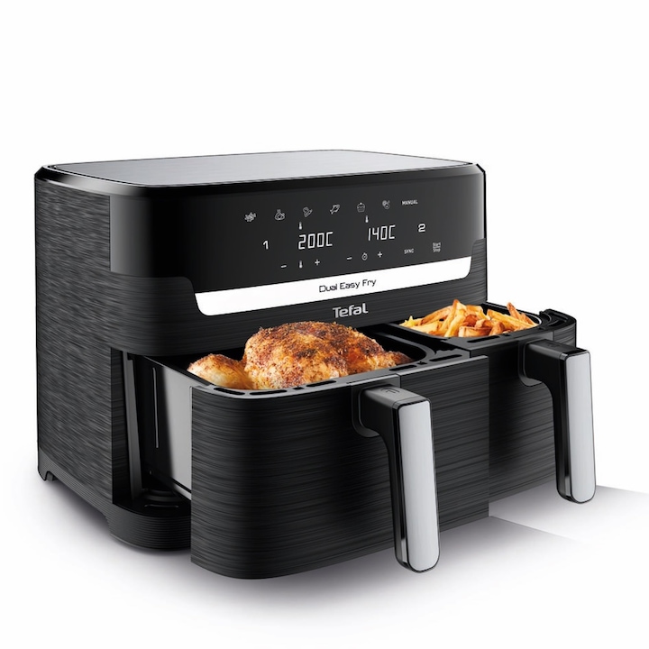 Фритюрник с горещ въздух Tefal Dual Easy Fry, капацитет 5,2 л, две независими чекмеджета, черен