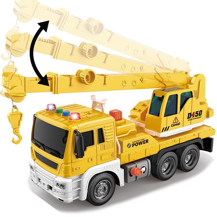 Masina cu Macara Interactiva Pitikot®, cu Buton pentru Ridicarea si Coborarea Macaralei, Mecanism cu Frictiune, Camion de Jucarie cu Macara Mobila, LED si Sunete Realiste, Masinuta Educationala, Carlig Flexibil, Semnale de Avertizare, Galben