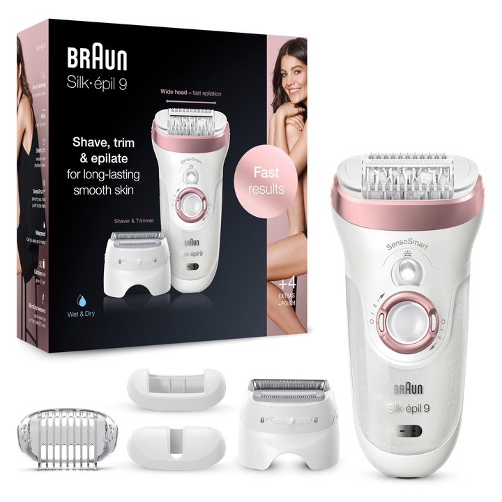 Епилатор Braun Silk-Epil 9 с бръснеща глава и тример, бял/розово злато, за суха кожа