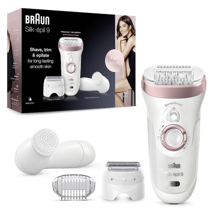 Епилатор Braun Silk-Epil 9, бял/розово злато, комплект с четка за почистване на лице, глава за бръснене и подстригване