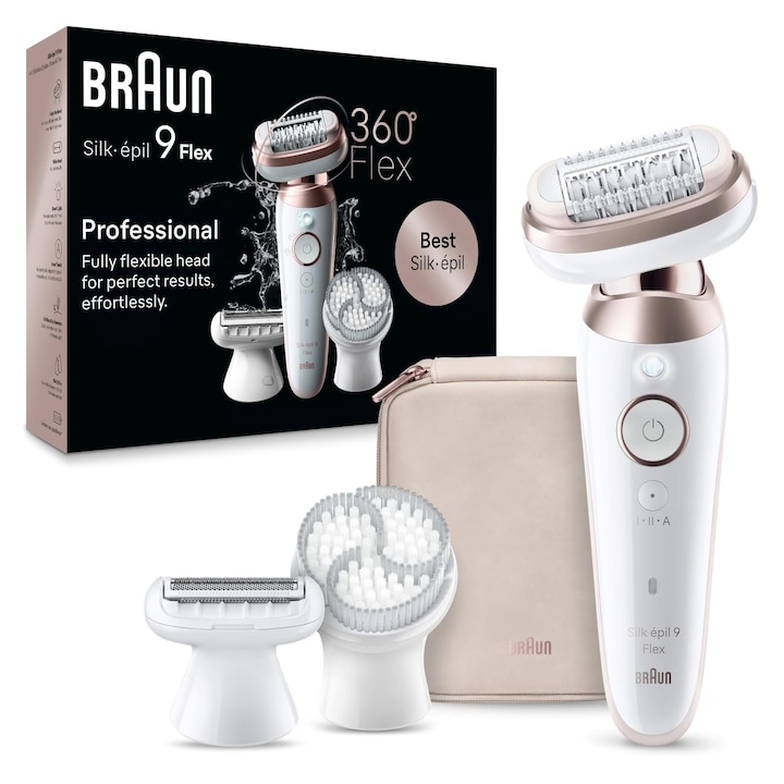 Епилатор Braun Silk-Epil 9 Flex, бял/розов, 360° гъвкава глава, за мокра употреба