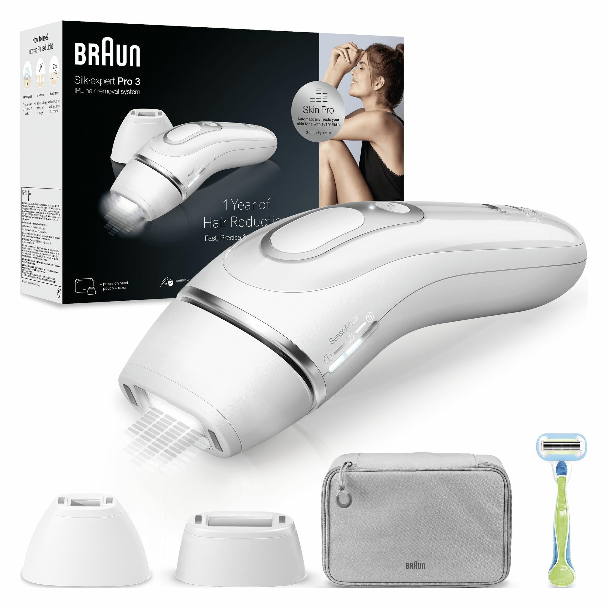 BRAUN silk・expert Pro3 Epilator Braun Silk Expert Pro 3, 2 capete, Alb/Argintiu, cu
